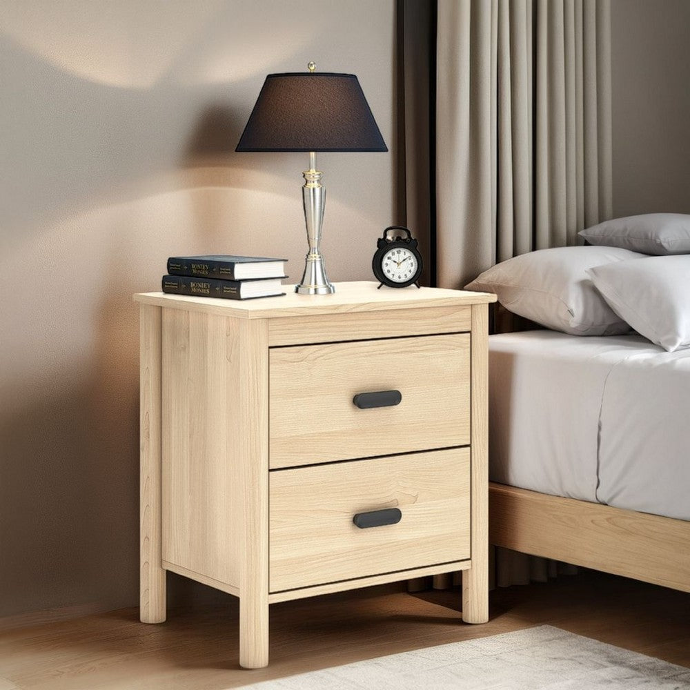 Abis Nightstand, 2 Drawers, Natural Brown Wood, Black Handles, 24 Inch