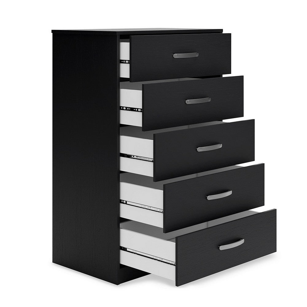 Finny Tall Dresser Chest, 5 Drawer, Matte Black, Silver Metal, 46 Inch