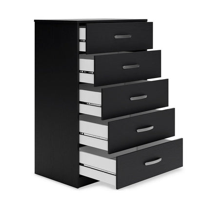 Finny Tall Dresser Chest, 5 Drawer, Matte Black, Silver Metal, 46 Inch