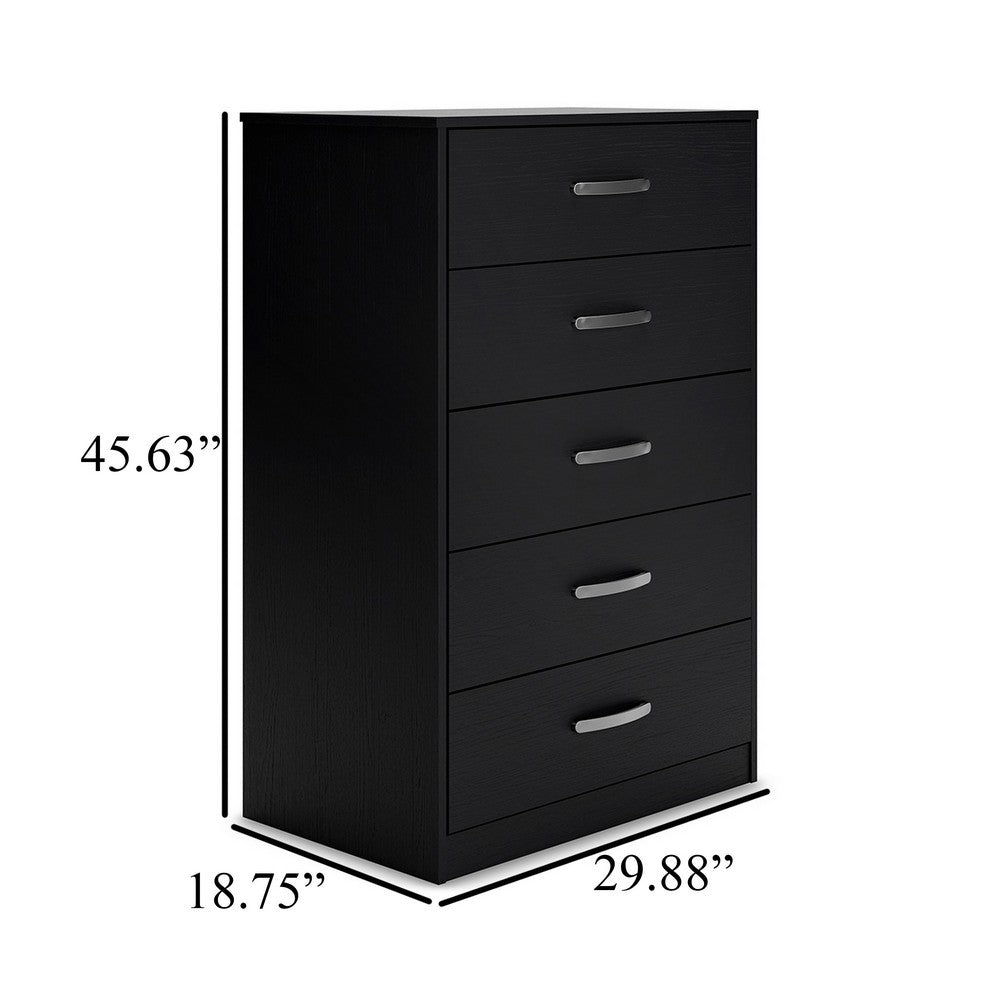 Finny Tall Dresser Chest, 5 Drawer, Matte Black, Silver Metal, 46 Inch