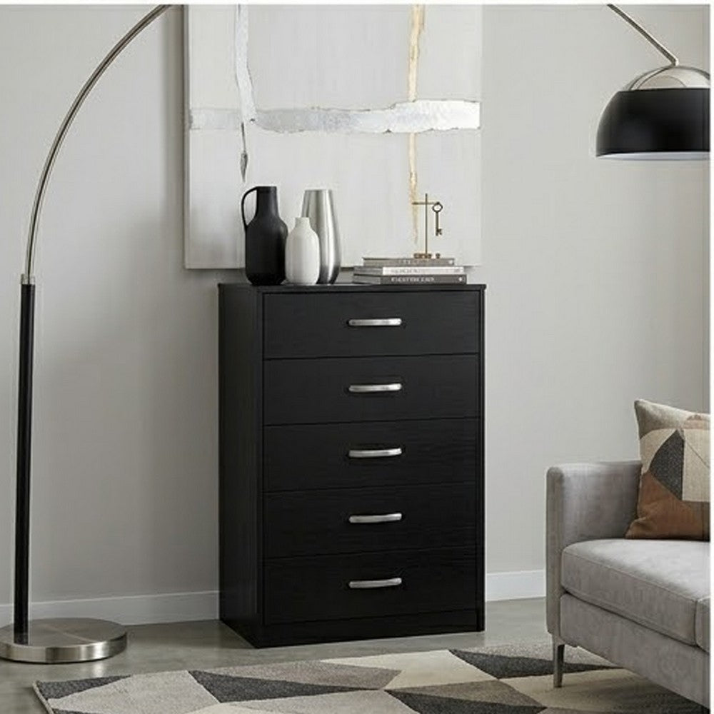 Finny Tall Dresser Chest, 5 Drawer, Matte Black, Silver Metal, 46 Inch