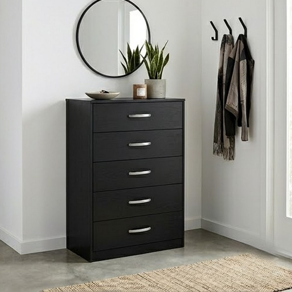 Finny Tall Dresser Chest, 5 Drawer, Matte Black, Silver Metal, 46 Inch
