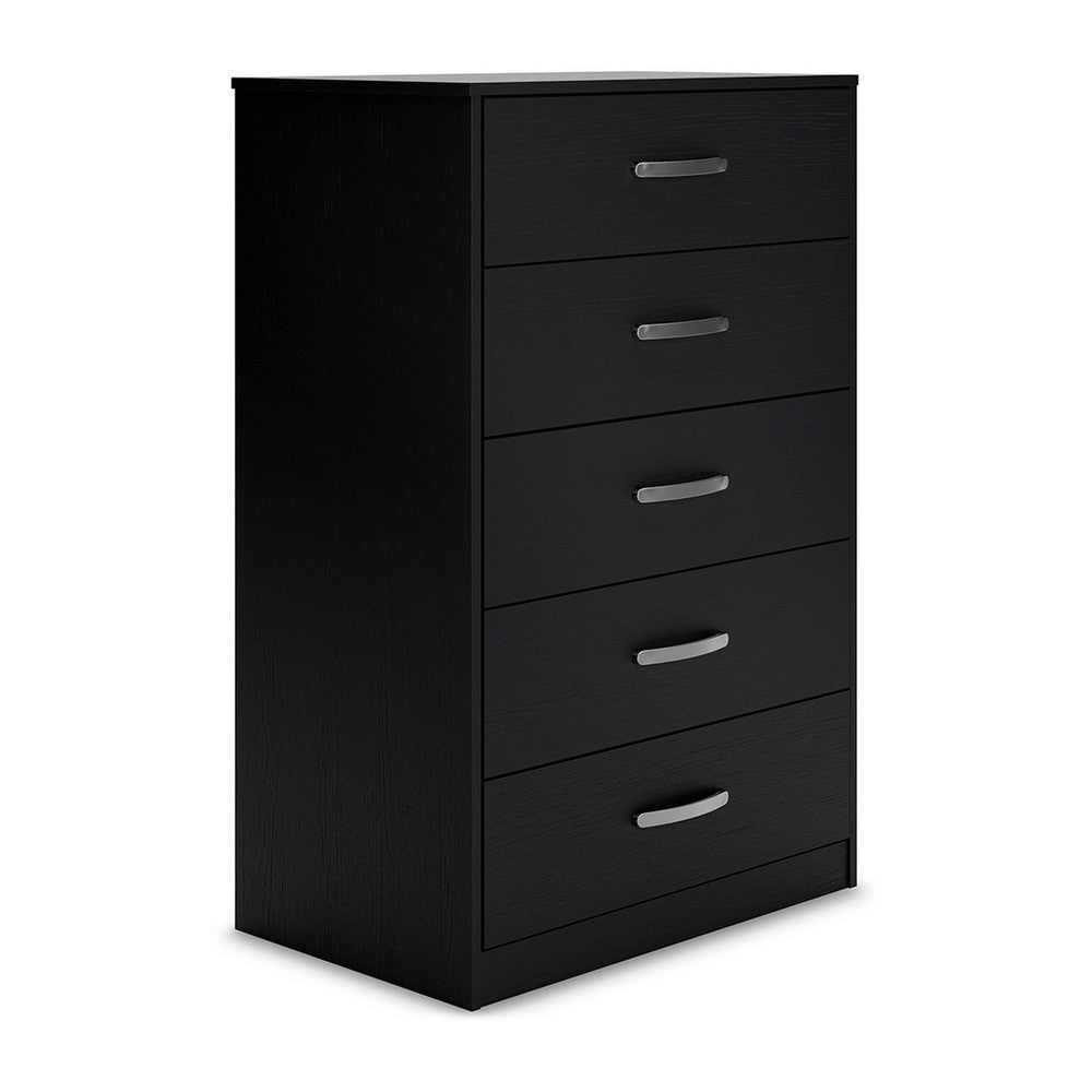 Finny Tall Dresser Chest, 5 Drawer, Matte Black, Silver Metal, 46 Inch
