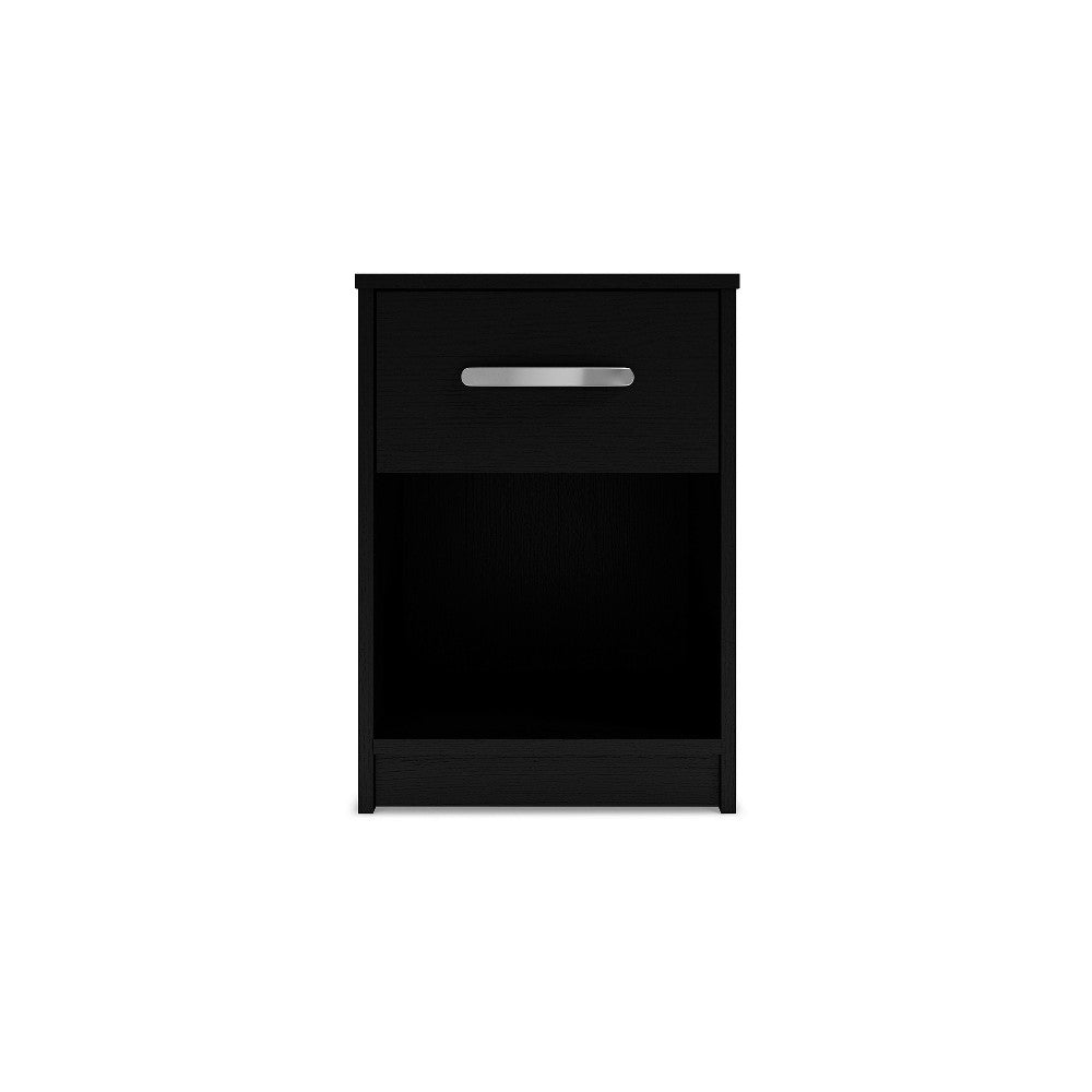 Finny Nightstand, 1 Drawer 1 Shelf, Matte Black, Silver Metal, 22 Inch