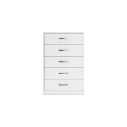 Eriss Tall Dresser Chest, 5 Drawers, White Wood, Silver Metal, 46 Inch