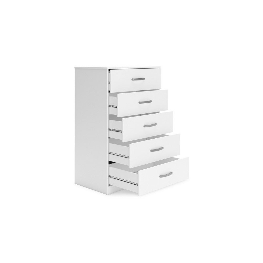 Eriss Tall Dresser Chest, 5 Drawers, White Wood, Silver Metal, 46 Inch