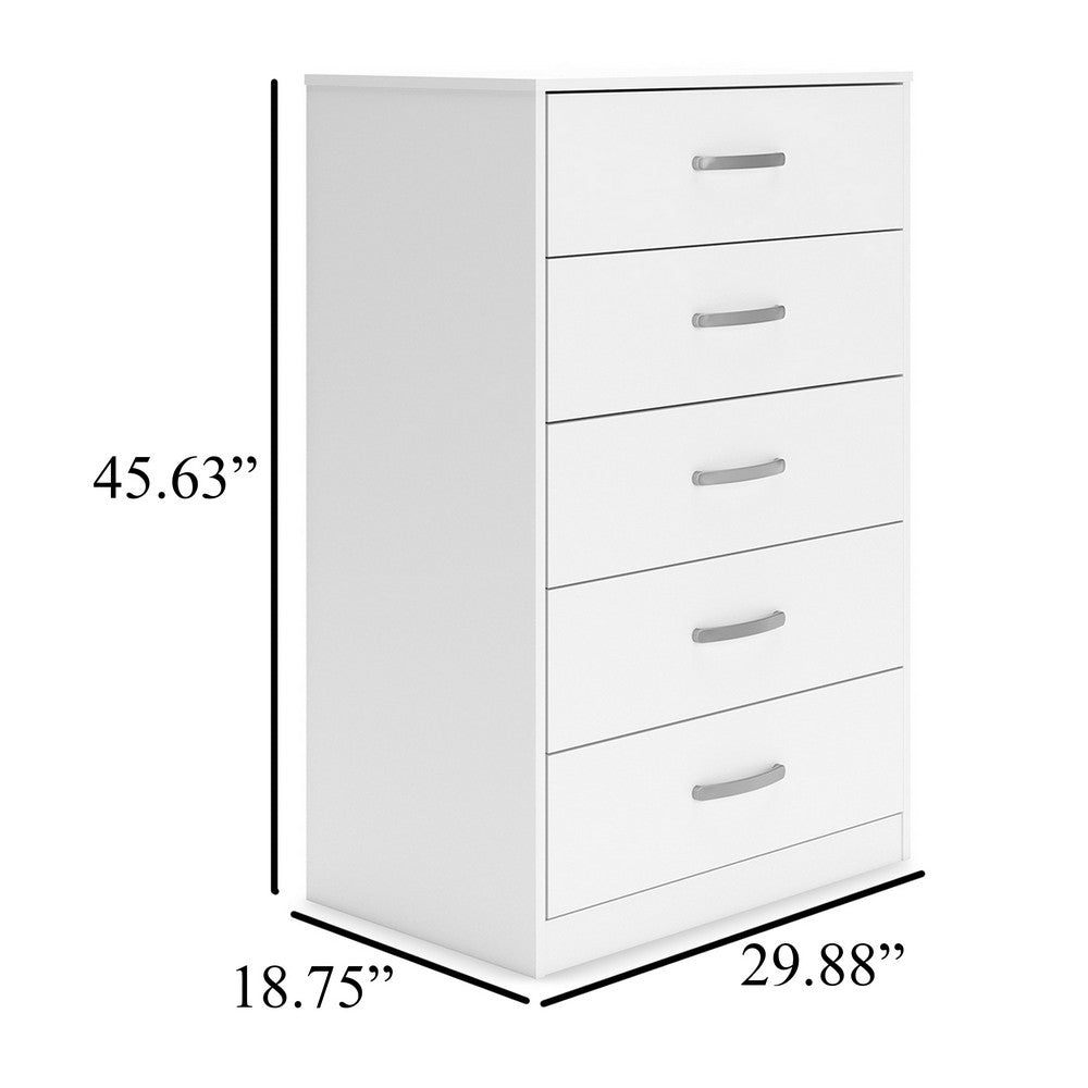 Eriss Tall Dresser Chest, 5 Drawers, White Wood, Silver Metal, 46 Inch
