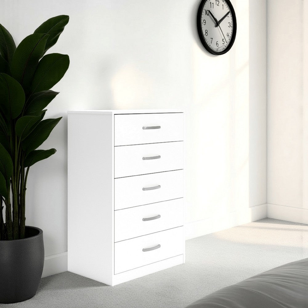 Eriss Tall Dresser Chest, 5 Drawers, White Wood, Silver Metal, 46 Inch