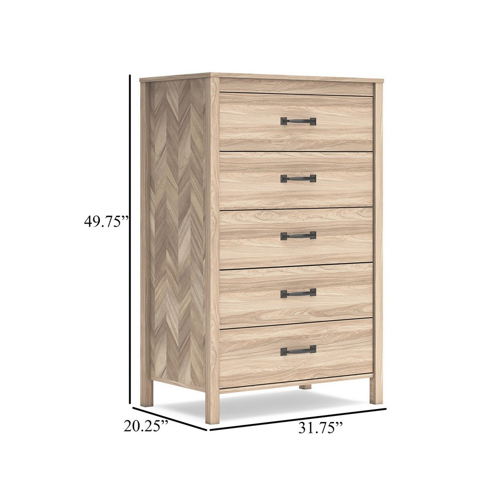 Bette Tall Dresser Chest, 5 Drawers, Light Oak Brown Finish, 60 Inch