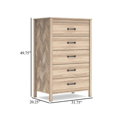 Bette Tall Dresser Chest, 5 Drawers, Light Oak Brown Finish, 60 Inch