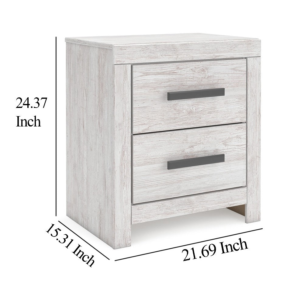 Cany Nightstand, 2 Drawers with Black Handles, Vintage Whitewash