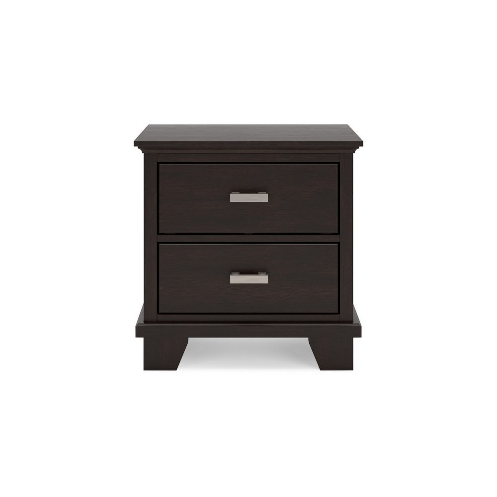 Teno Nightstand, 2 Drawers, Nickel Handles, Dark Brown Solid Hardwood