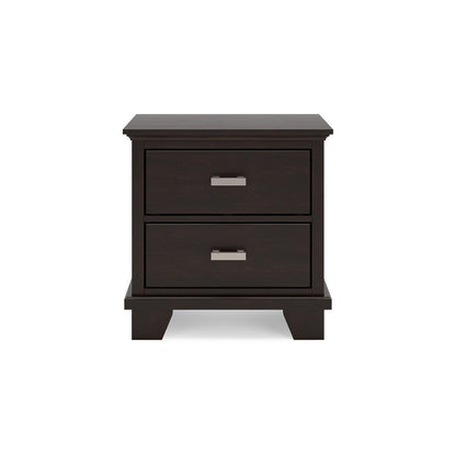 Teno Nightstand, 2 Drawers, Nickel Handles, Dark Brown Solid Hardwood