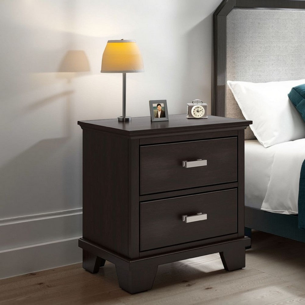 Teno Nightstand, 2 Drawers, Nickel Handles, Dark Brown Solid Hardwood