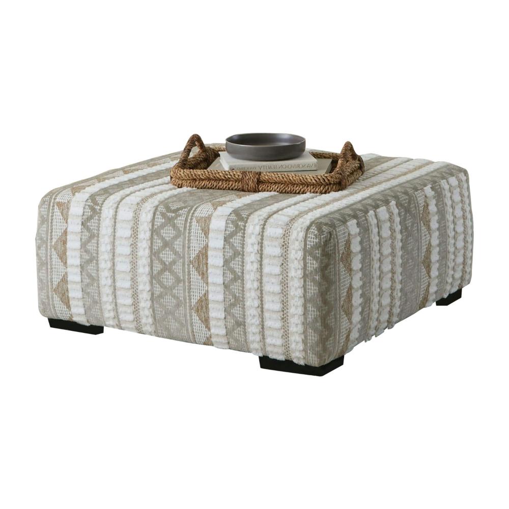Phan Ottoman, Plush Ivory Chenille, Elegant Lined Pattern, 41 Inch