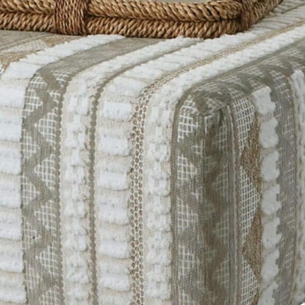 Phan Ottoman, Plush Ivory Chenille, Elegant Lined Pattern, 41 Inch