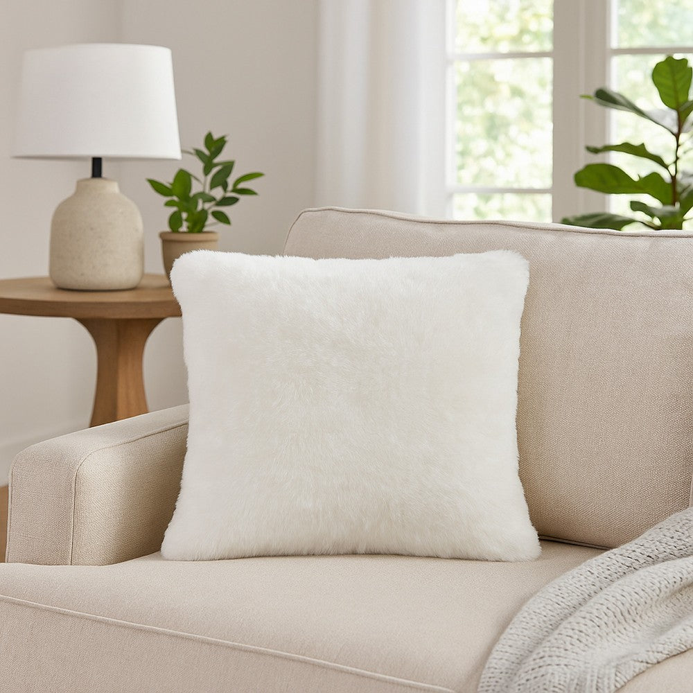 Dift Square Accent Throw Pillow, 20 Inch, White Faux Rabbit Fur Face