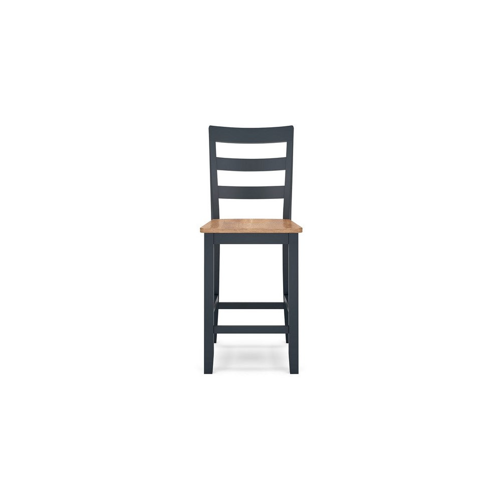 Gasy Counter Height Chair Set of 2, Dark Blue Solid Wood, Brown Seat
