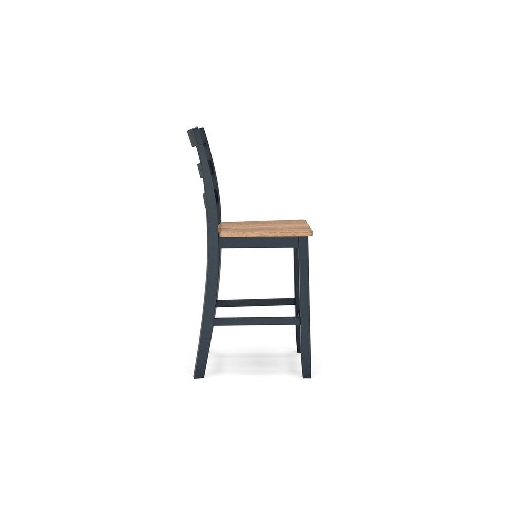 Gasy Counter Height Chair Set of 2, Dark Blue Solid Wood, Brown Seat