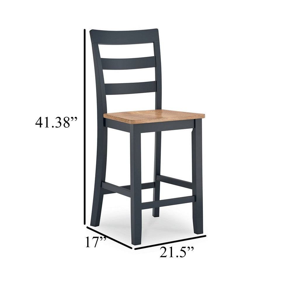 Gasy Counter Height Chair Set of 2, Dark Blue Solid Wood, Brown Seat