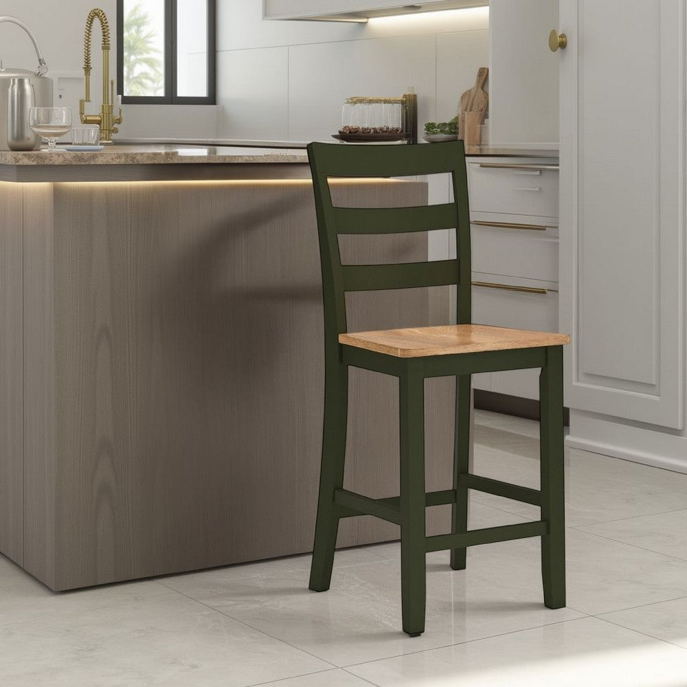 Gasy Counter Height Chair Set of 2, Dark Green Solid Wood, Brown Seat