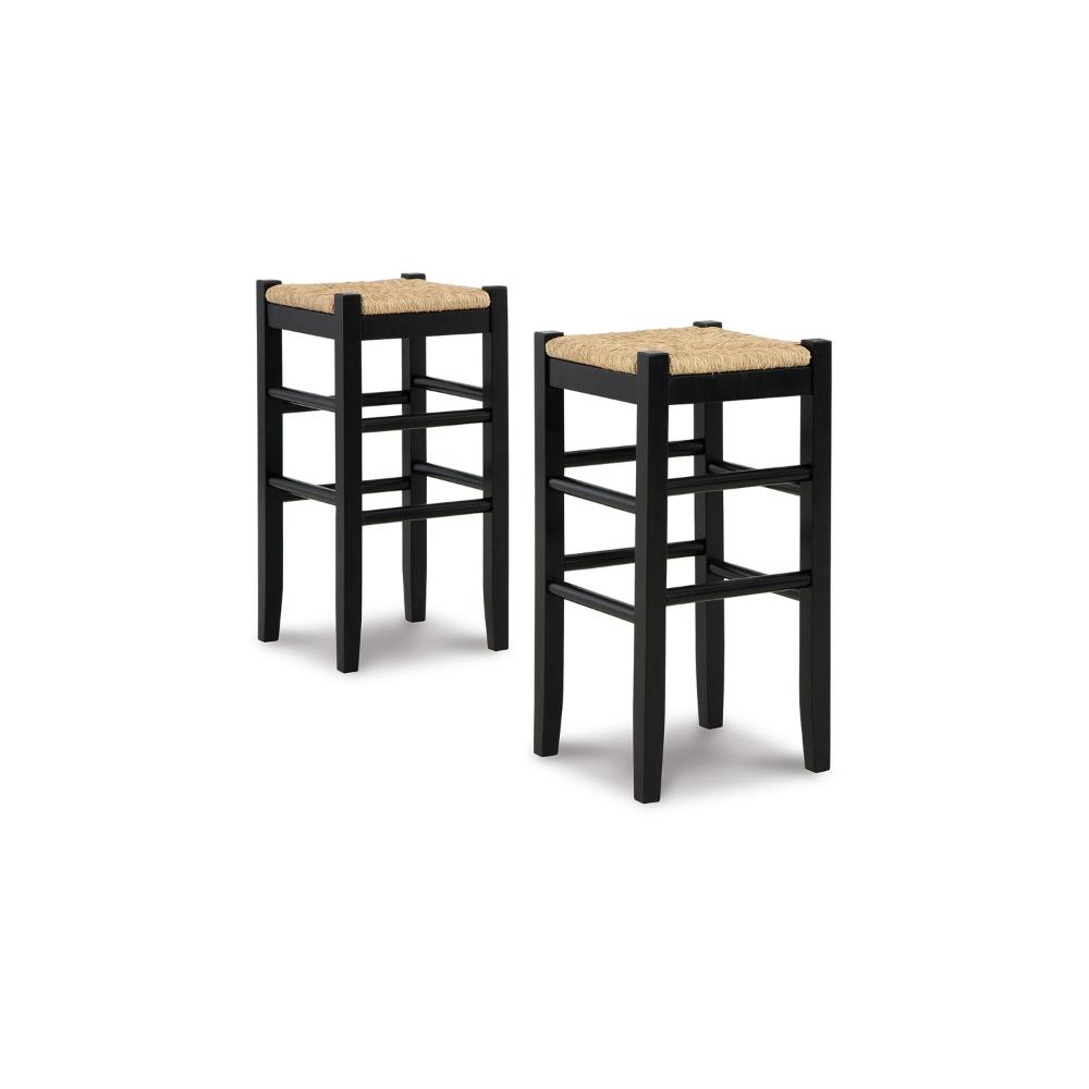 Anya Set of 2 Bar Height Stools, Woven Seagrass Seat, 30 Inch, Black Wood Frame