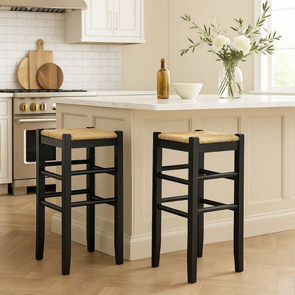 Anya Bar Height Stool, Woven Seagrass Seat, 30 Inch, Black Wood Frame