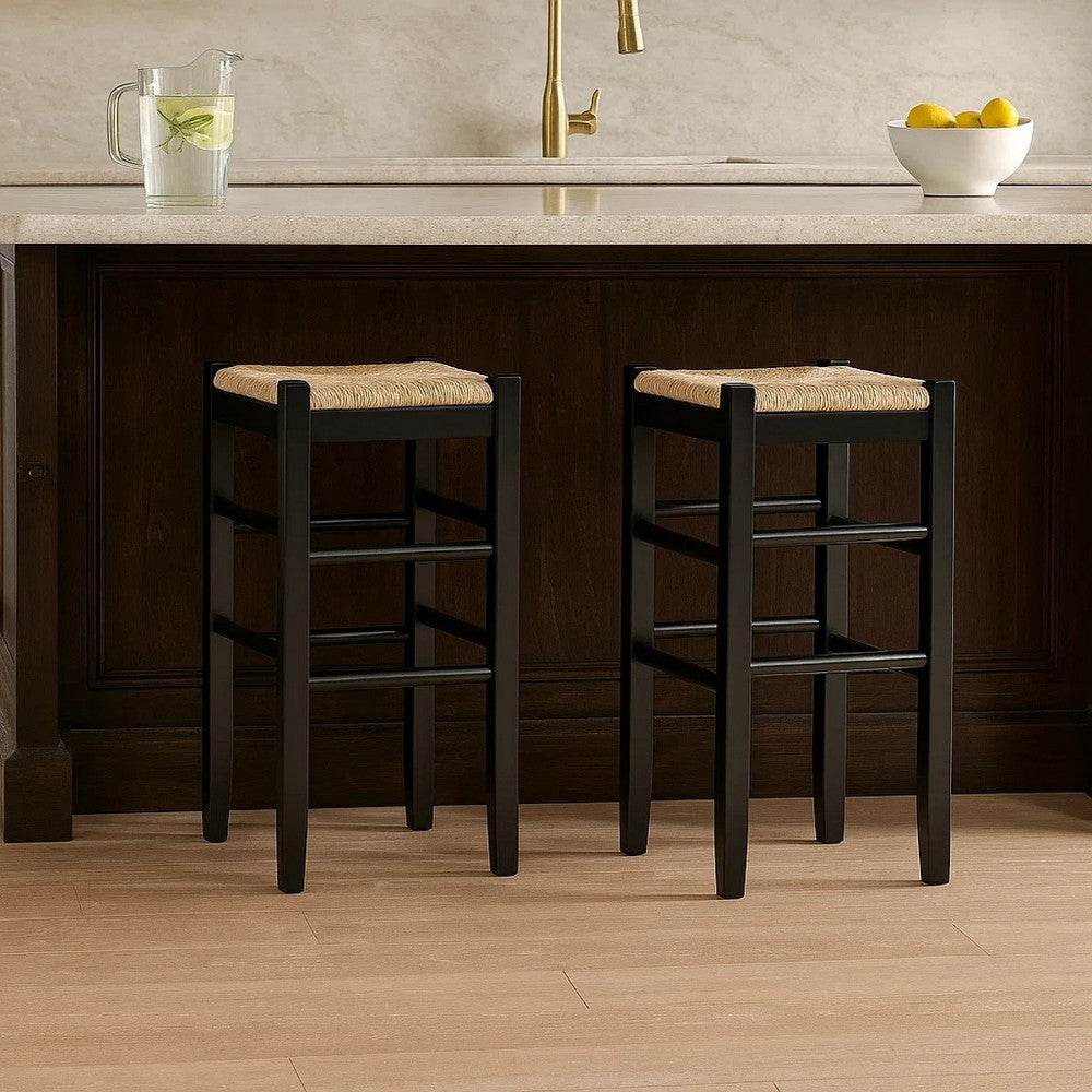 Anya Set of 2 Bar Height Stools, Woven Seagrass Seat, 30 Inch, Black Wood Frame
