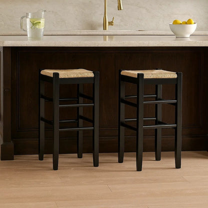 Anya Set of 2 Bar Height Stools, Woven Seagrass Seat, 30 Inch, Black Wood Frame