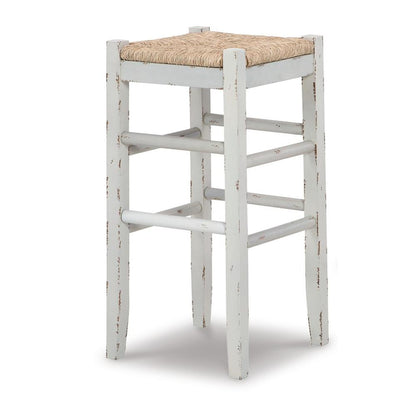Anya Bar Height Stool Set of 2, Brown Woven Seat, 30 Inch Rustic White