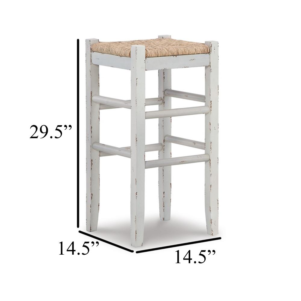 Anya Bar Height Stool Set of 2, Brown Woven Seat, 30 Inch Rustic White