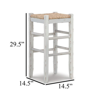 Anya Bar Height Stool Set of 2, Brown Woven Seat, 30 Inch Rustic White