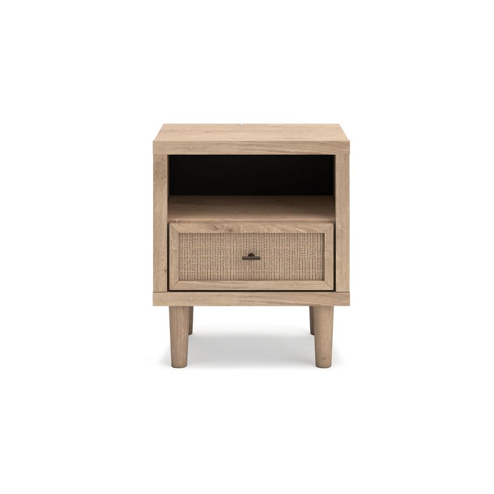Ciel Nightstand w USB LED, Faux Linen Laminate, Cane Drawer, Oak Brown