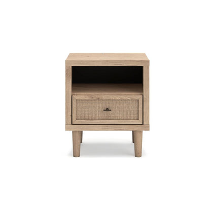 Ciel Nightstand w USB LED, Faux Linen Laminate, Cane Drawer, Oak Brown