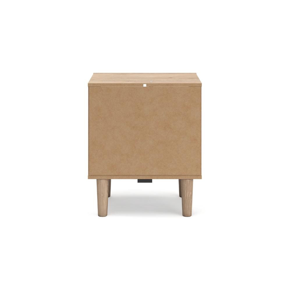 Ciel Nightstand w USB LED, Faux Linen Laminate, Cane Drawer, Oak Brown