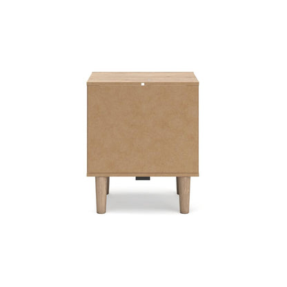 Ciel Nightstand w USB LED, Faux Linen Laminate, Cane Drawer, Oak Brown