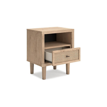 Ciel Nightstand w USB LED, Faux Linen Laminate, Cane Drawer, Oak Brown