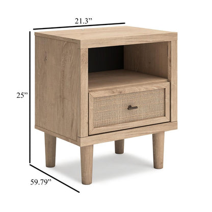 Ciel Nightstand w USB LED, Faux Linen Laminate, Cane Drawer, Oak Brown