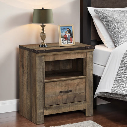 Zoey Nightstand w Drawer and Shelf, USB, Rustic Brown Plank Details