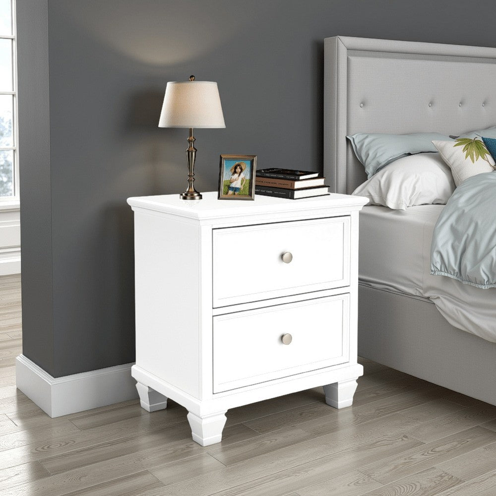 Heno Nightstand, 2 Wide Storage Drawers, Nickel Round Knobs, White