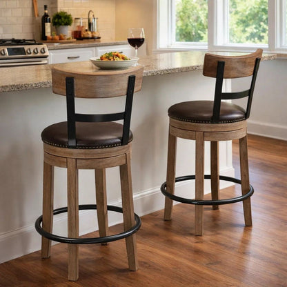 Pine Swivel Counter Height Stool Chair, 24 Inch, Brown Faux Leather