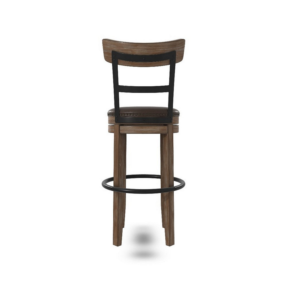 Pine Swivel Barstool Chair, 31 Inch, Industrial Brown Faux Leather
