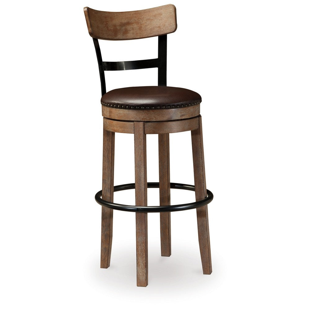 Pine Swivel Barstool Chair, 31 Inch, Industrial Brown Faux Leather