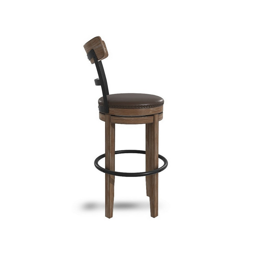 Pine Swivel Barstool Chair, 31 Inch, Industrial Brown Faux Leather