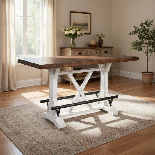Becy Counter Height Dining Table, 60 Inch, White and Brown Pine Wood