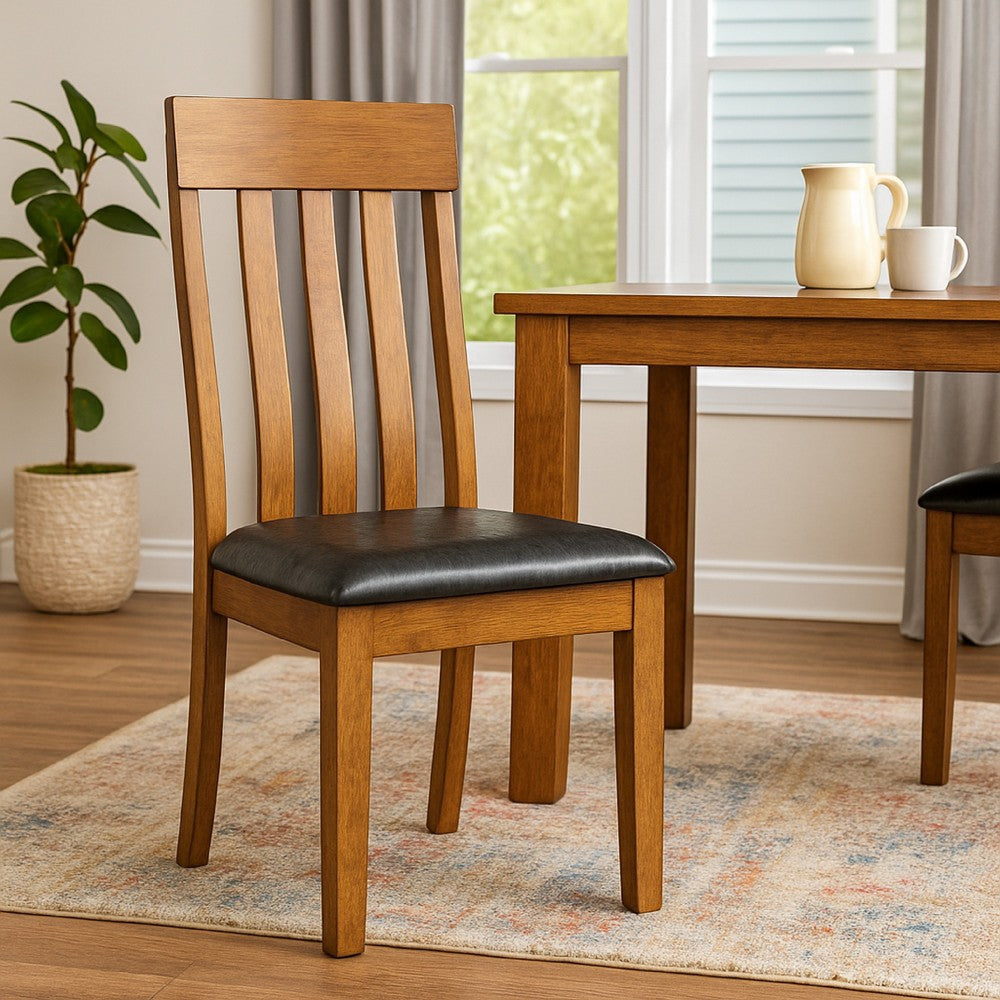 Raly Counter Height Chair Set of 2, Brown Faux Leather, Slatted Back