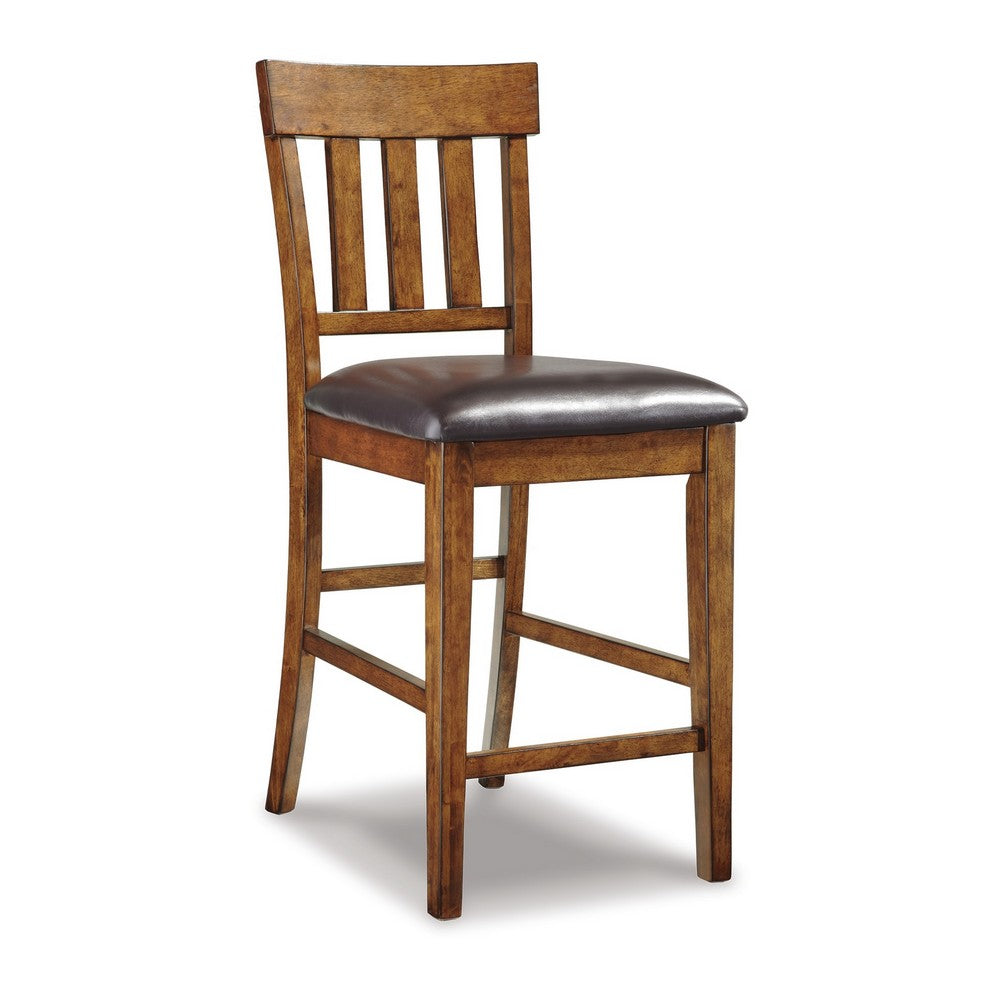 Raly Counter Height Chair Set of 2, Brown Faux Leather, Slatted Back