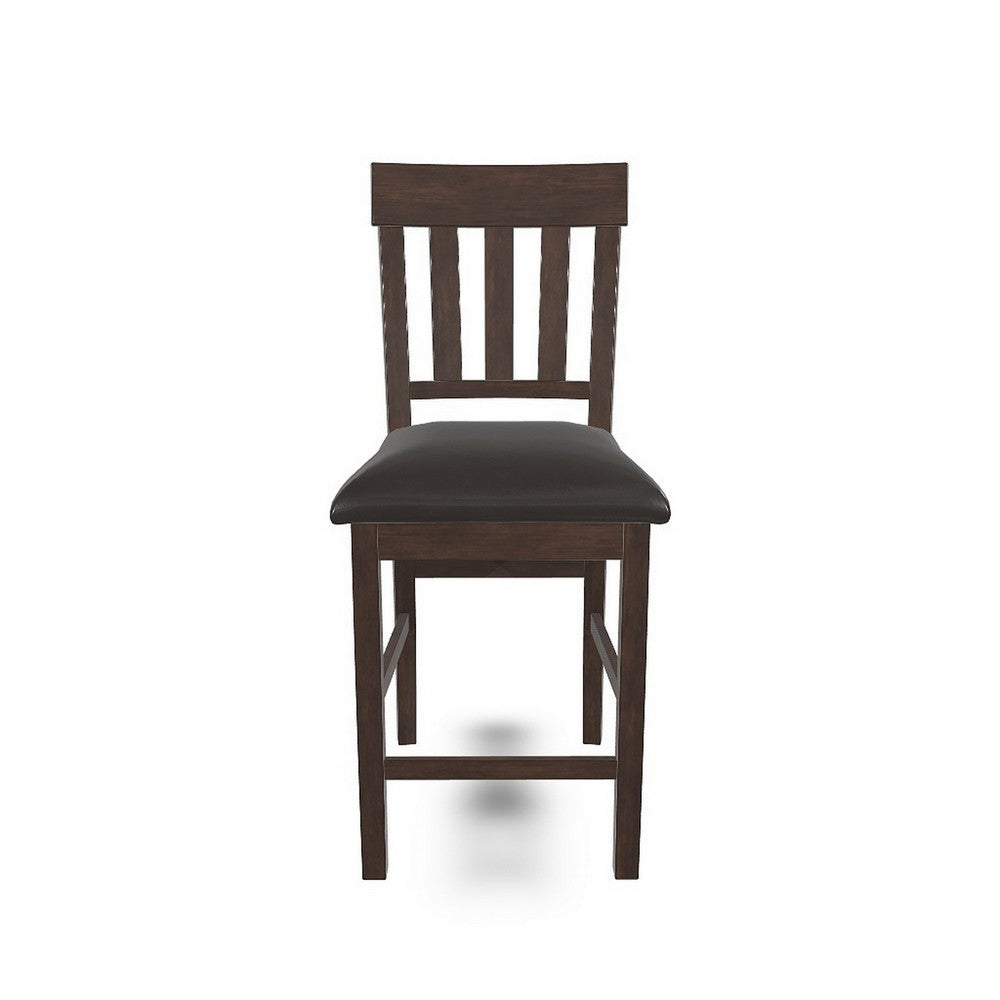 Hado Counter Height Chair Set of 2, Brown Faux Leather, Slatted Back