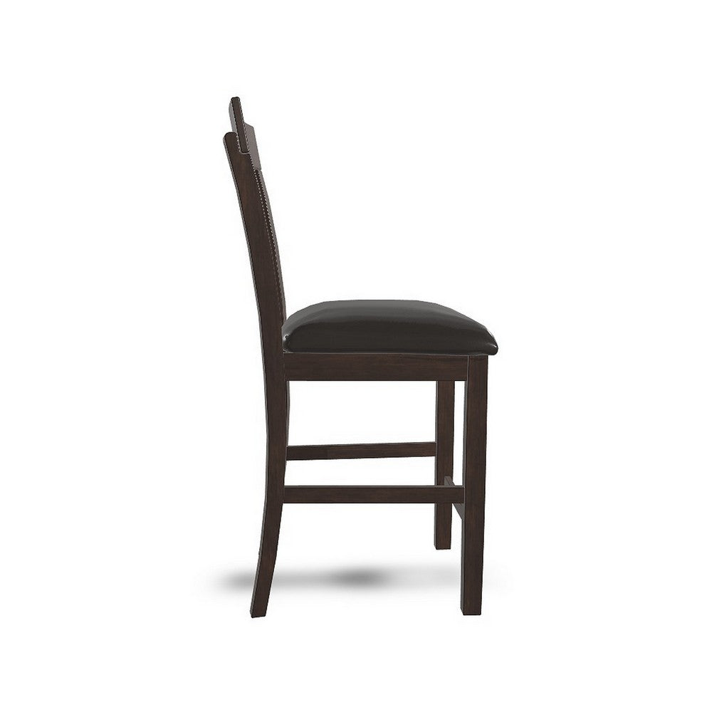 Hado Counter Height Chair Set of 2, Brown Faux Leather, Slatted Back