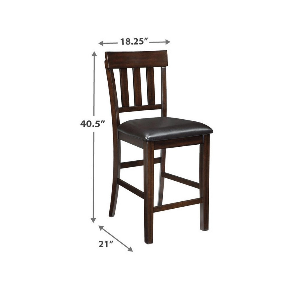Hado Counter Height Chair Set of 2, Brown Faux Leather, Slatted Back